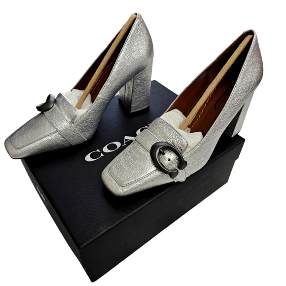 Nwb Coach Silver Metalic Leather Jade 3 1/4 " Chunky Mule Heels